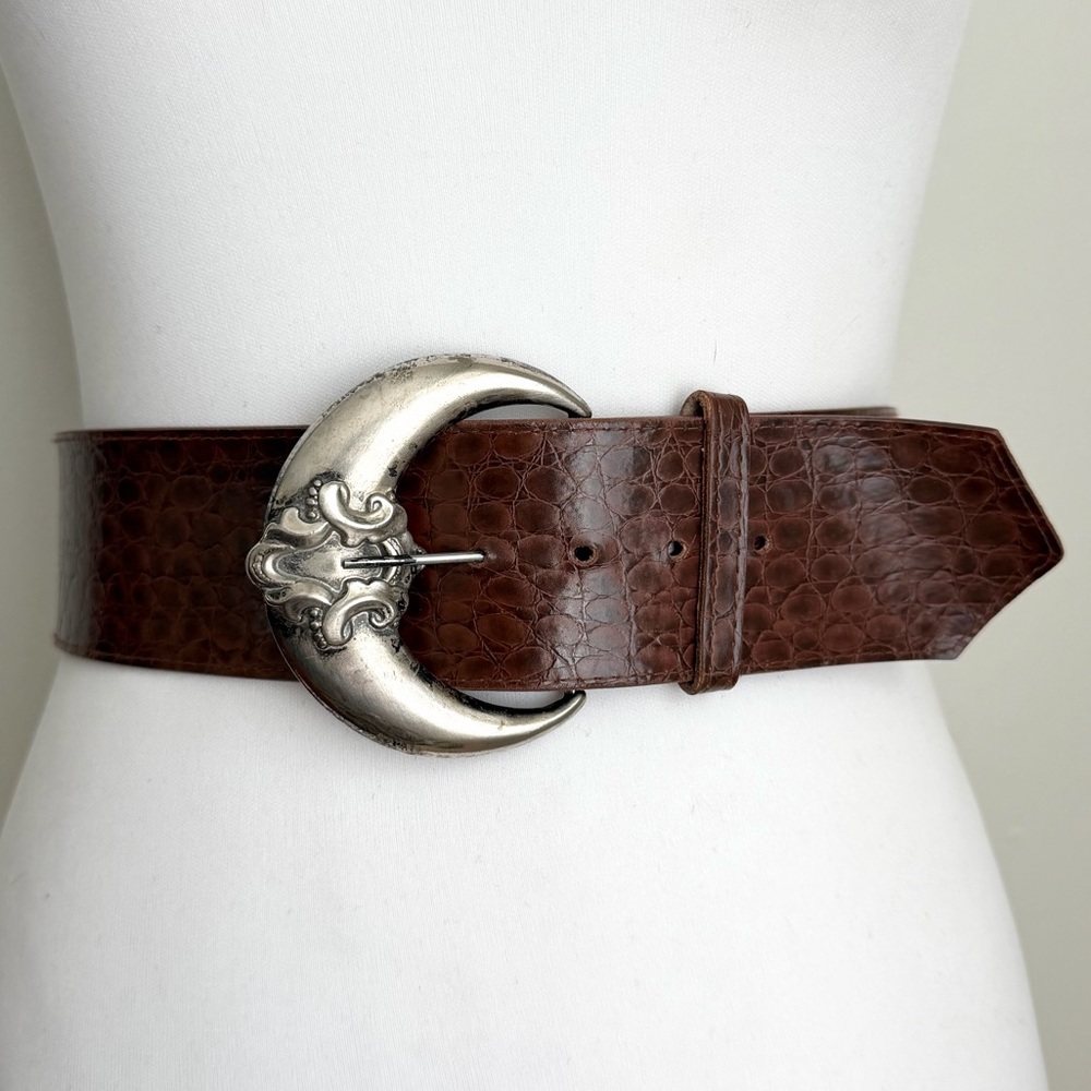 Vintage Brown Leather Belt with Silver Crescent Buckle